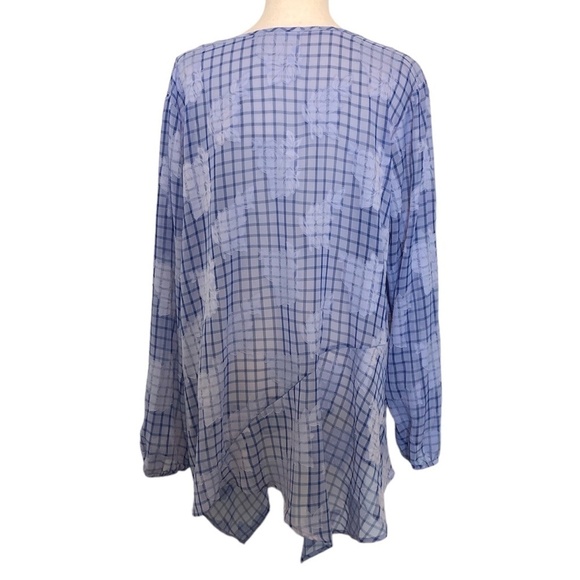 Lori Goldstein Blouse Women's Size Large Blue Sheer Asymmetrical Floral Appliqué - Picture 2 of 8